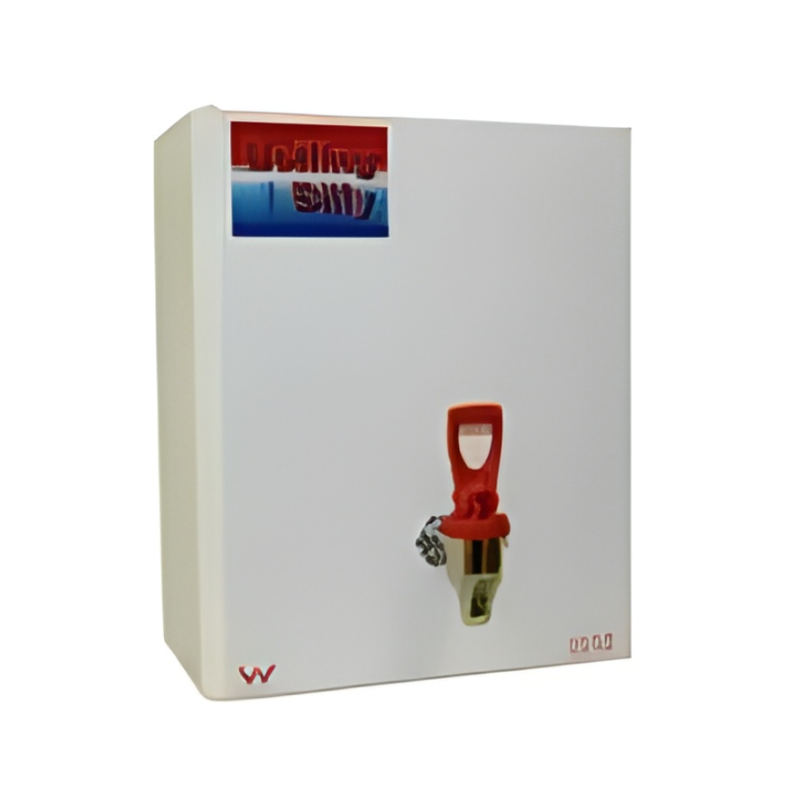 White beverage dispenser with red spout and 