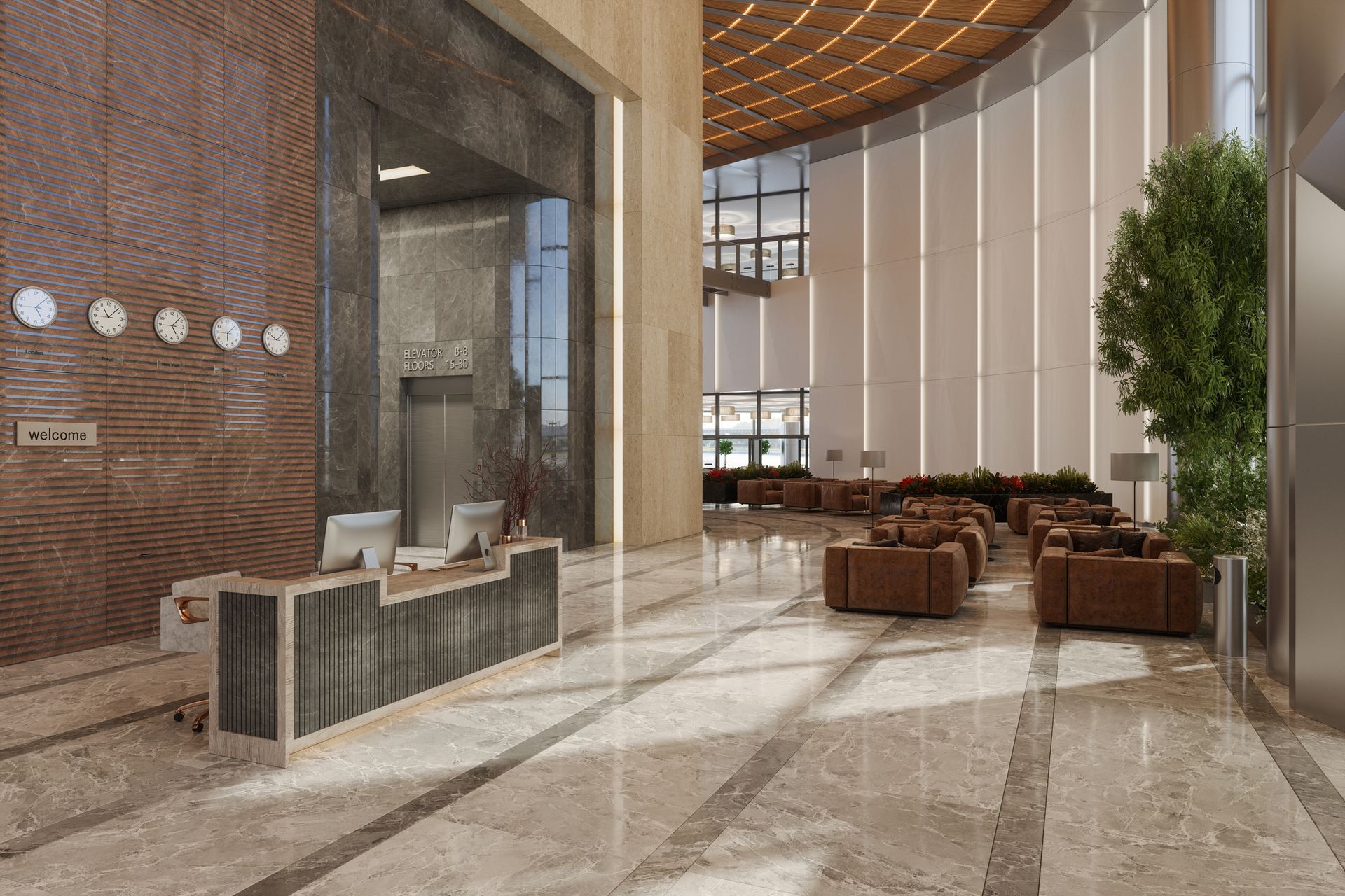 An artist 's impression of a large lobby with a reception desk and chairs.