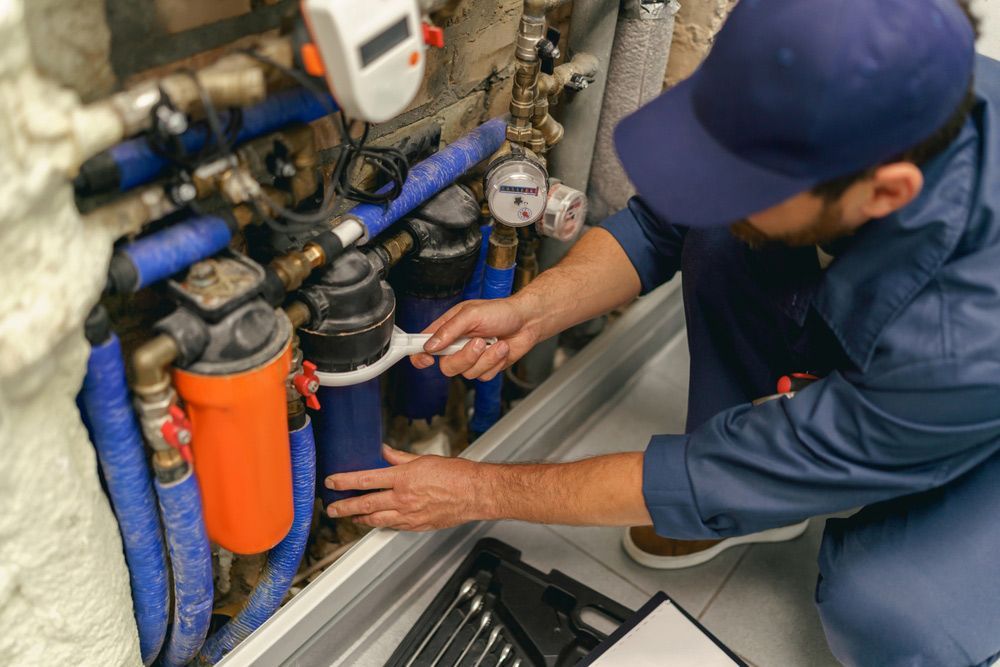 A Plumber Is Working On A Water Filter In A Bathroom — Fig Facility Services in Lara, VIC