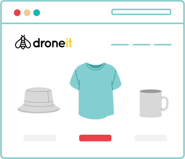 DroneIt website displaying a light blue t-shirt, grey bucket hat, and grey mug. Website frame is blue.