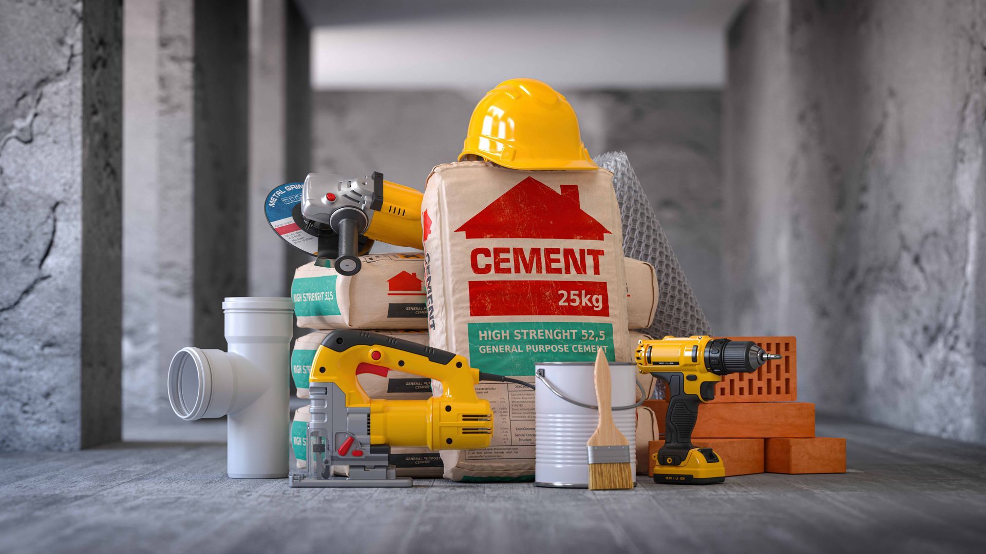 Construction tools: cement bag, yellow hardhat, power tools, pipes, bricks, and paint can on a concrete floor.