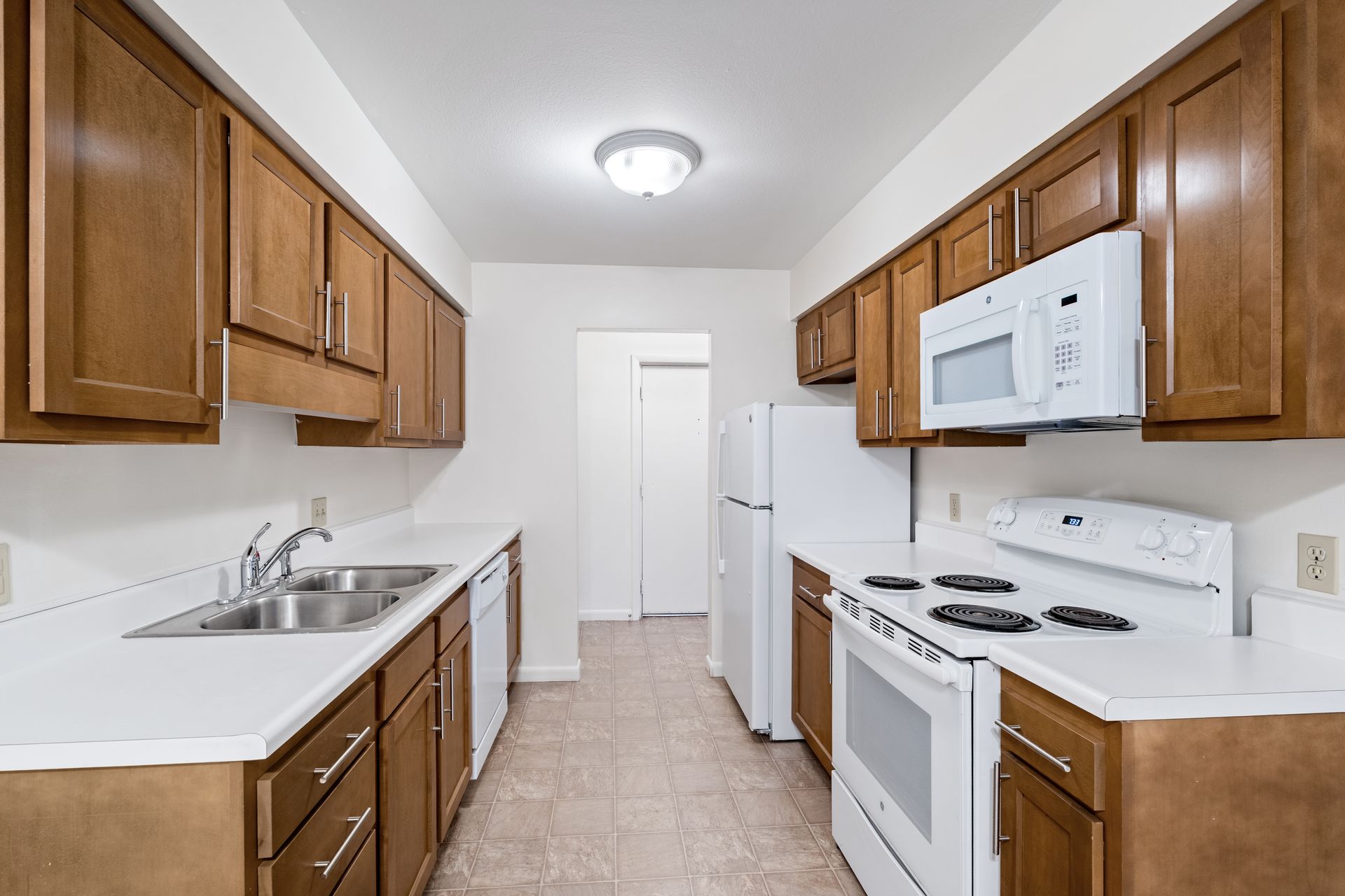 Photo of a kitchen showing two rows of counter space