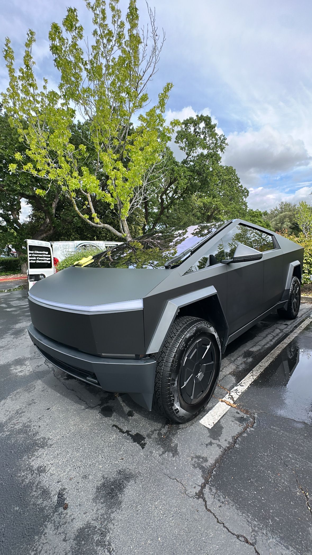 Tesla Cybertruck parked on asphalt, matte gray finish, against green foliage, daytime.