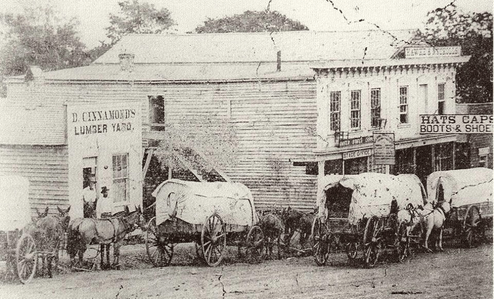 A black and white photo of horse drawn covered wagons in front of a building