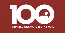 A red and white logo for kimmel orchard and vineyard