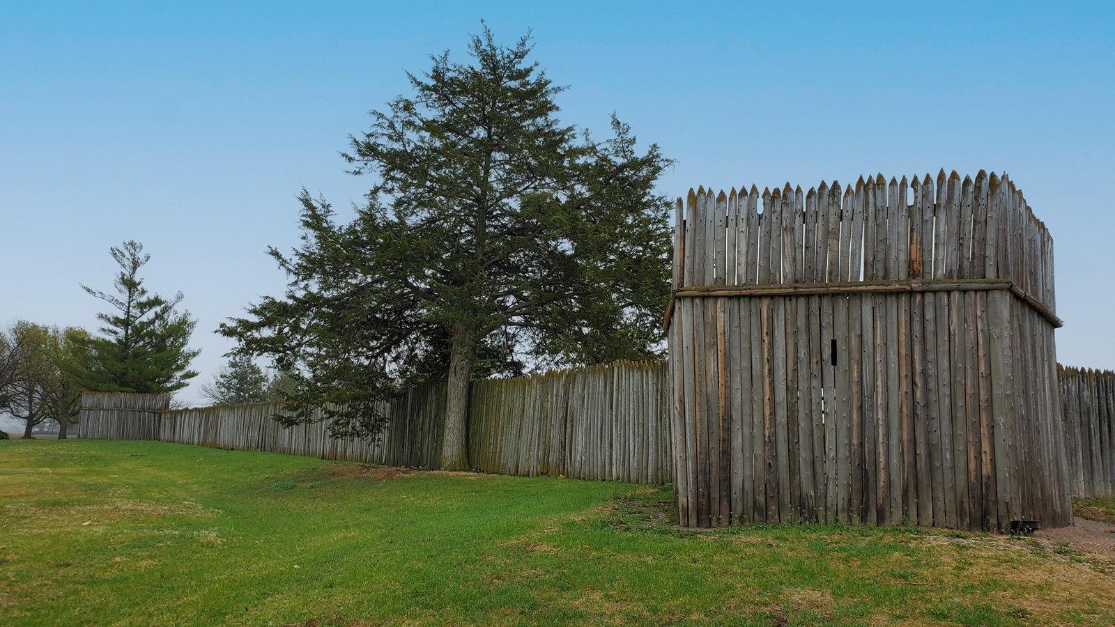 A wooden fence surrounds a grassy field with trees in the background.
