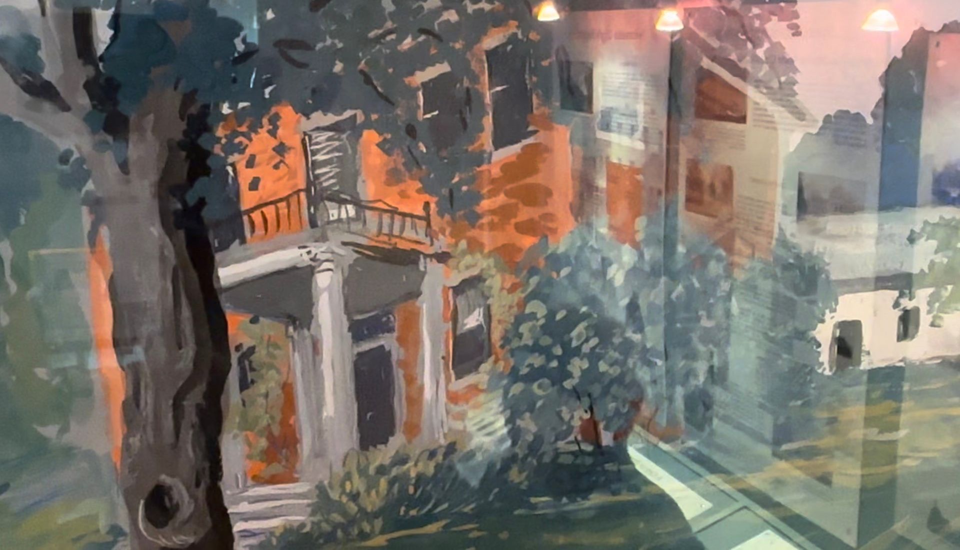 A painting of a house with a tree in front of it.