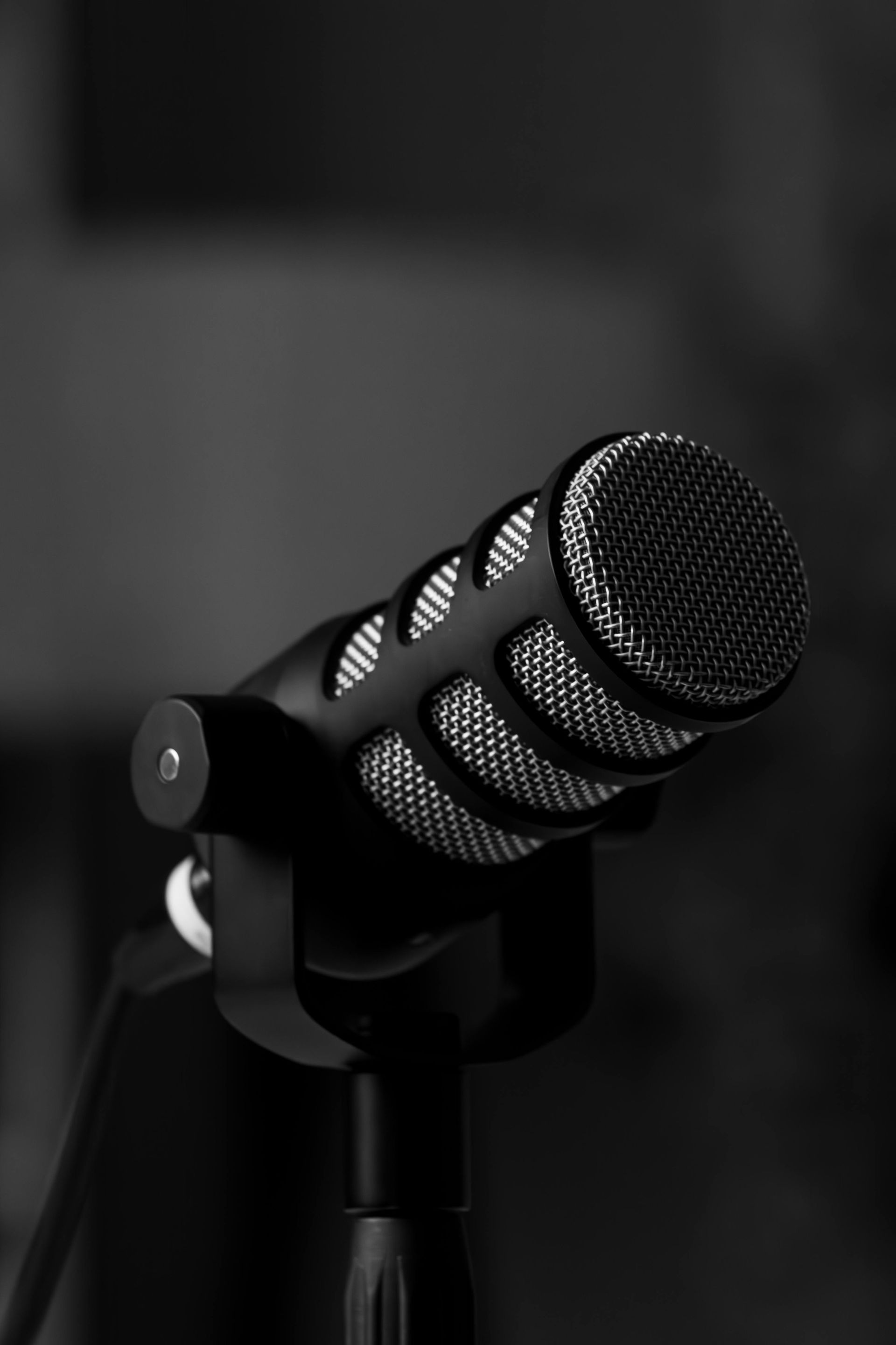 Black studio microphone on a stand against a dark background.