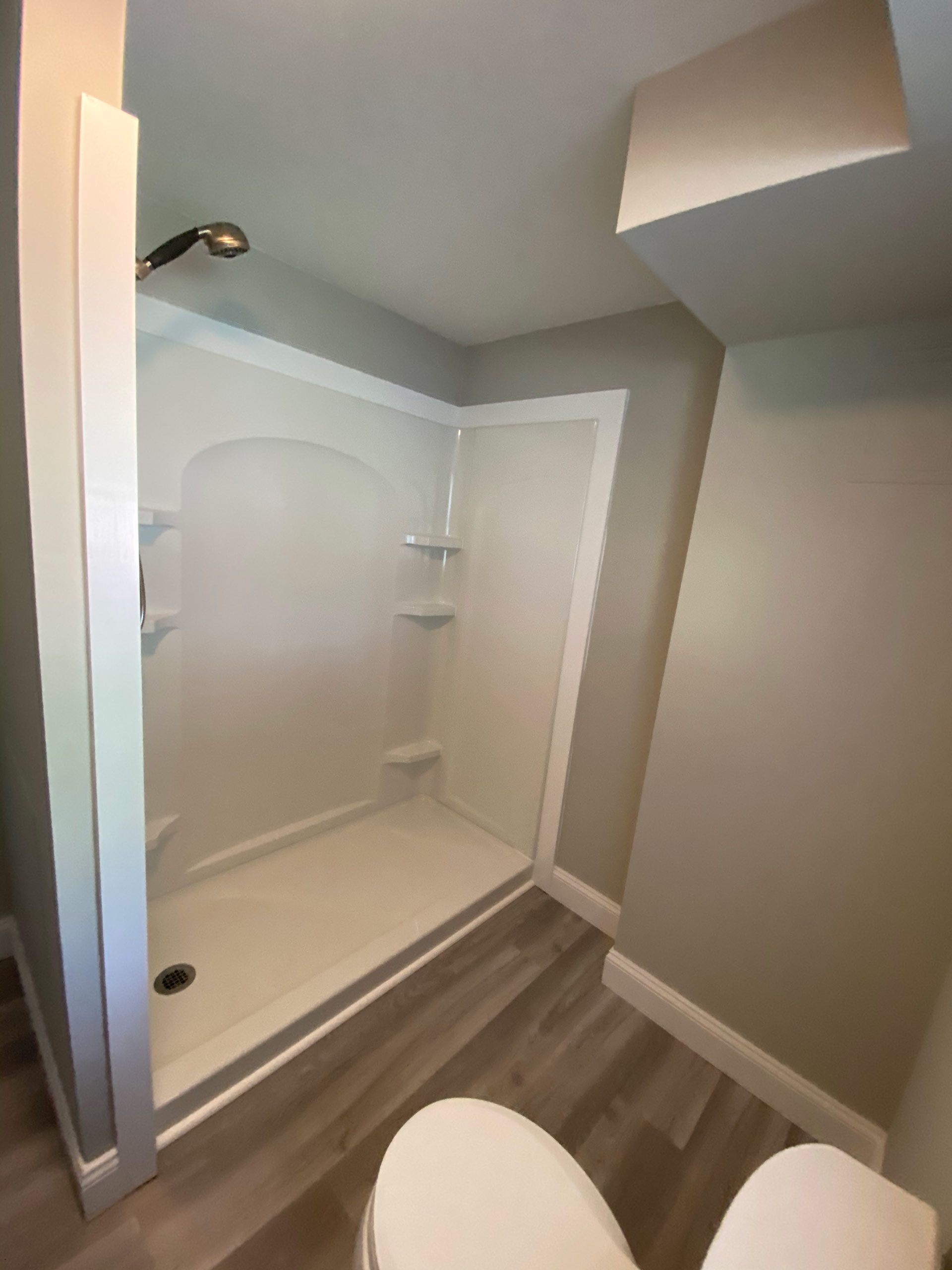 A bathroom with a walk in shower and a toilet.