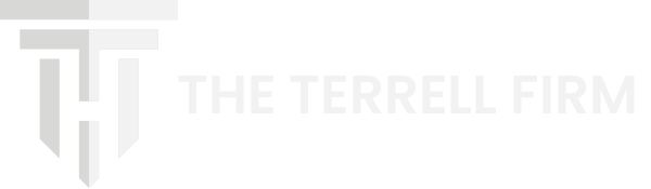 A black and white logo for the terrell firm on a white background.