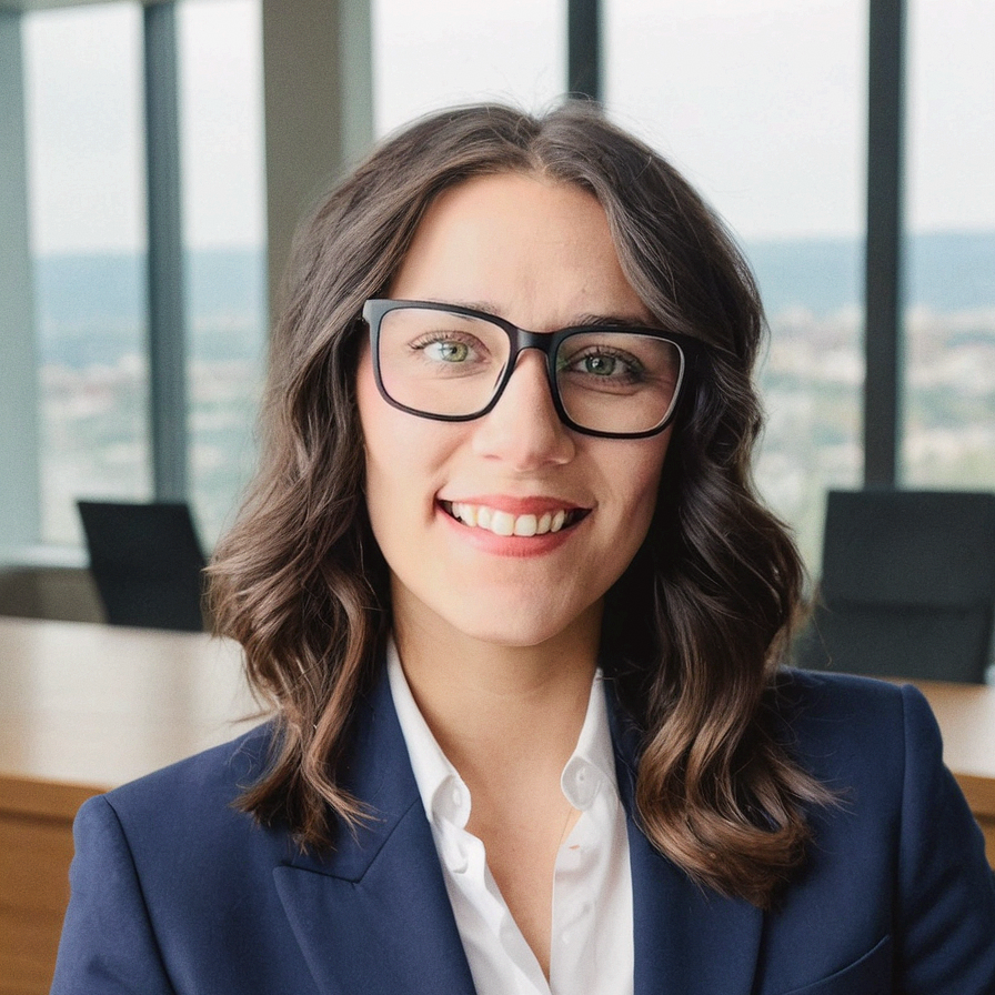 Woman with glasses in a blazer smiling in a modern office.