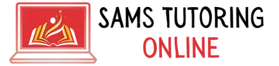 SAMS Tutoring Online logo: red laptop with graphic, black text above red "ONLINE."