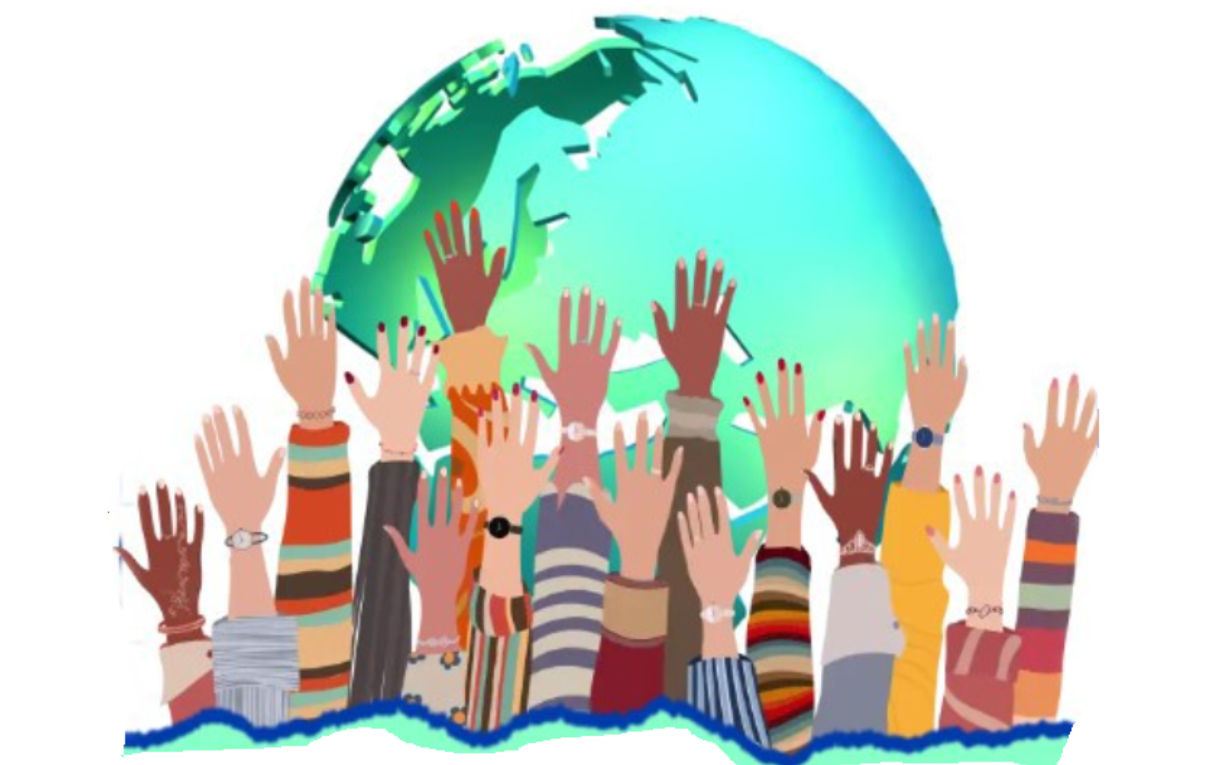 Hands of diverse people raised in front of a turquoise globe, symbolizing global unity.