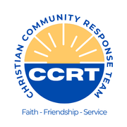 Logo for Christian Community Response Team, blue and gold, with text 