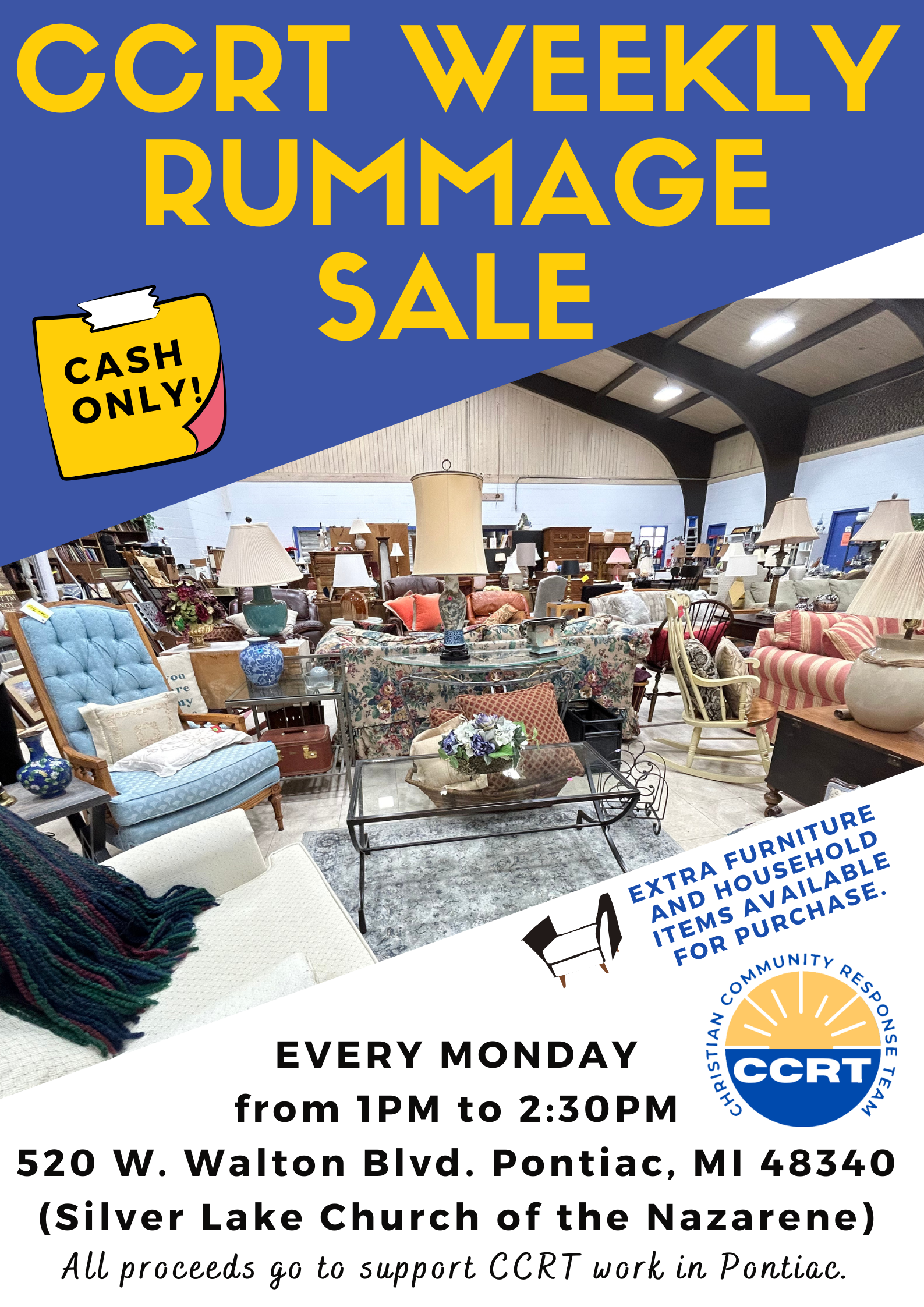 CCRT rummage sale with furniture and household items displayed inside a building.