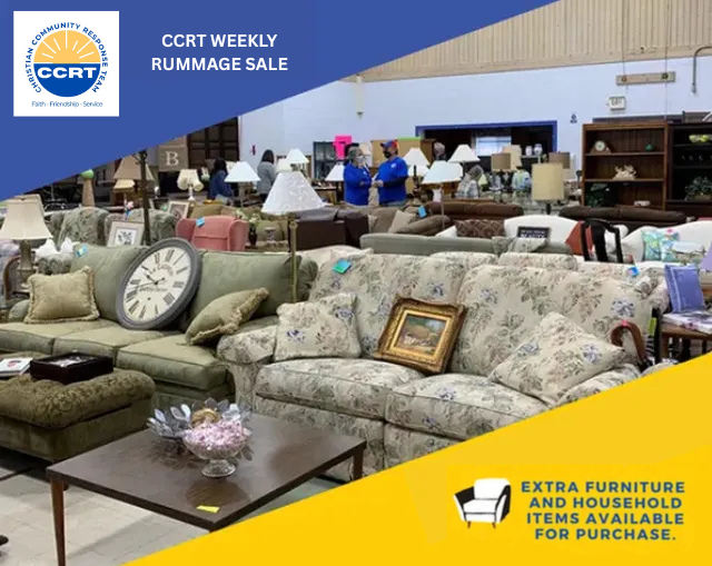CCRT rummage sale with furniture and household items displayed inside a building.