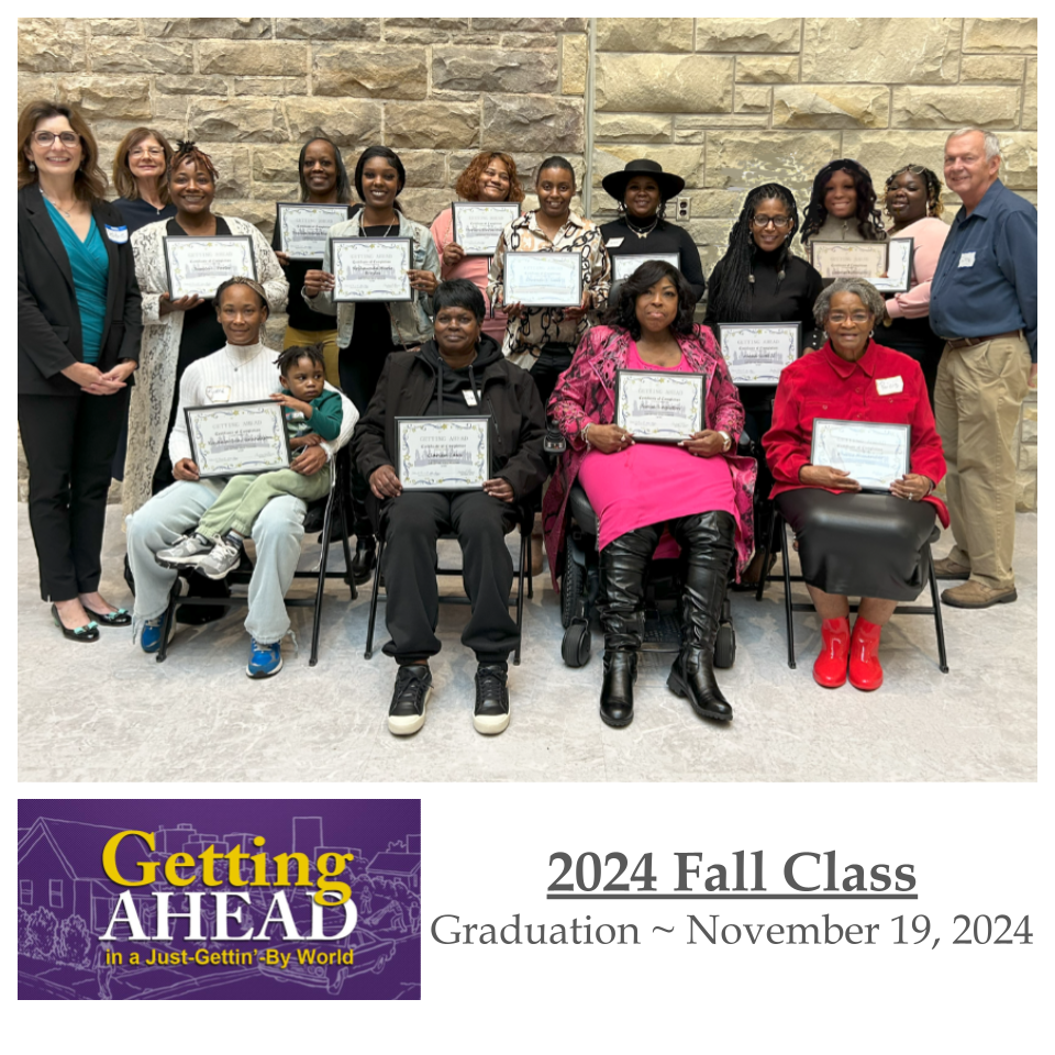 Group photo, 2024 Fall class graduation. Diverse people holding certificates, posing indoors.