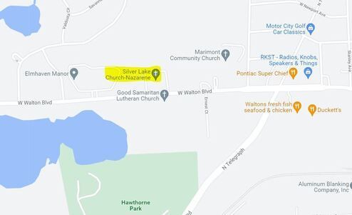 Map showing Silver Lake Church of the Nazarene in Waterford, MI, with surrounding businesses and Hawthorne Park.