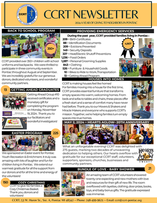 CCRT newsletter: Back to school program, providing emergency services, furniture donations, and baby shower.