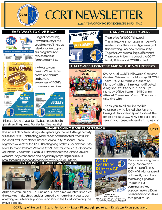 CCRT newsletter with Kroger donations, Halloween contest, and Thanksgiving outreach events.