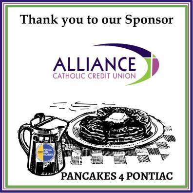 Logo for Alliance Catholic Credit Union above a pancake breakfast illustration;