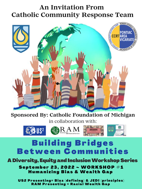 Poster for a diversity workshop. Hands of various skin tones reach up toward a globe.