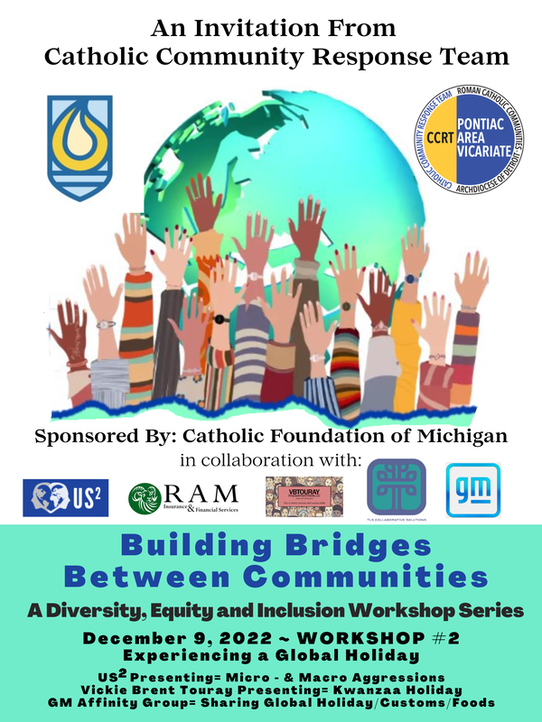 Poster for a diversity workshop. Hands raised toward a globe. Sponsored by Catholic Foundation of Michigan.