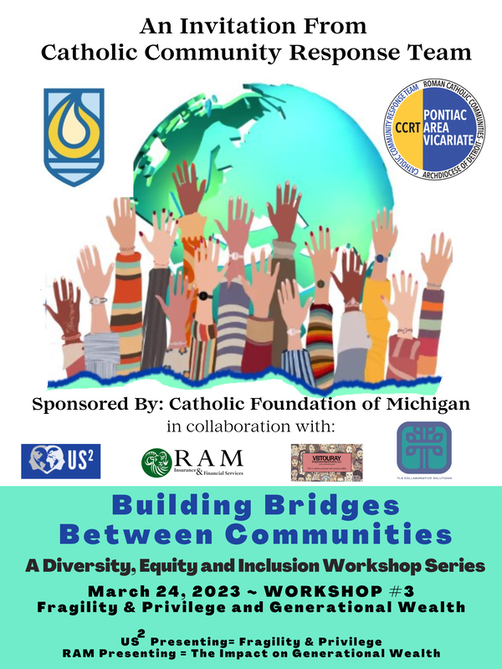Poster for a diversity workshop. Globe with raised hands. Sponsored by Catholic Foundation, in Pontiac, Michigan.