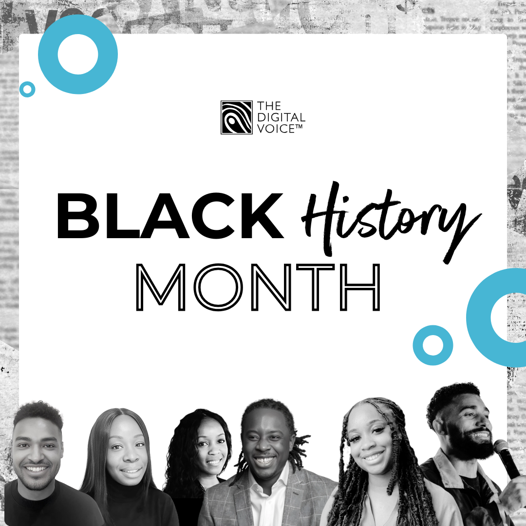 Black History Month header graphic with six headshots
