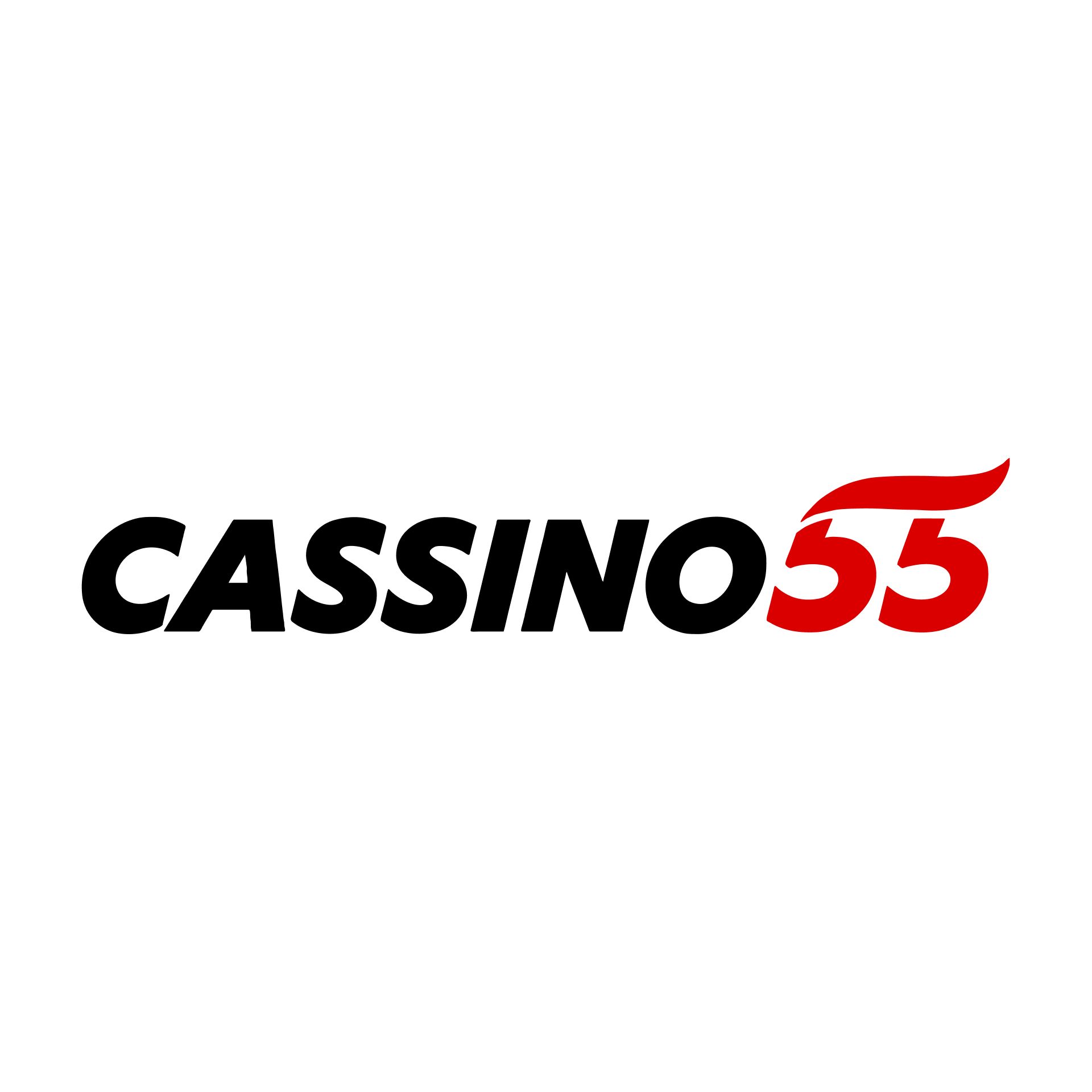 O logotipo do cassino55 é preto e vermelho em um fundo branco.