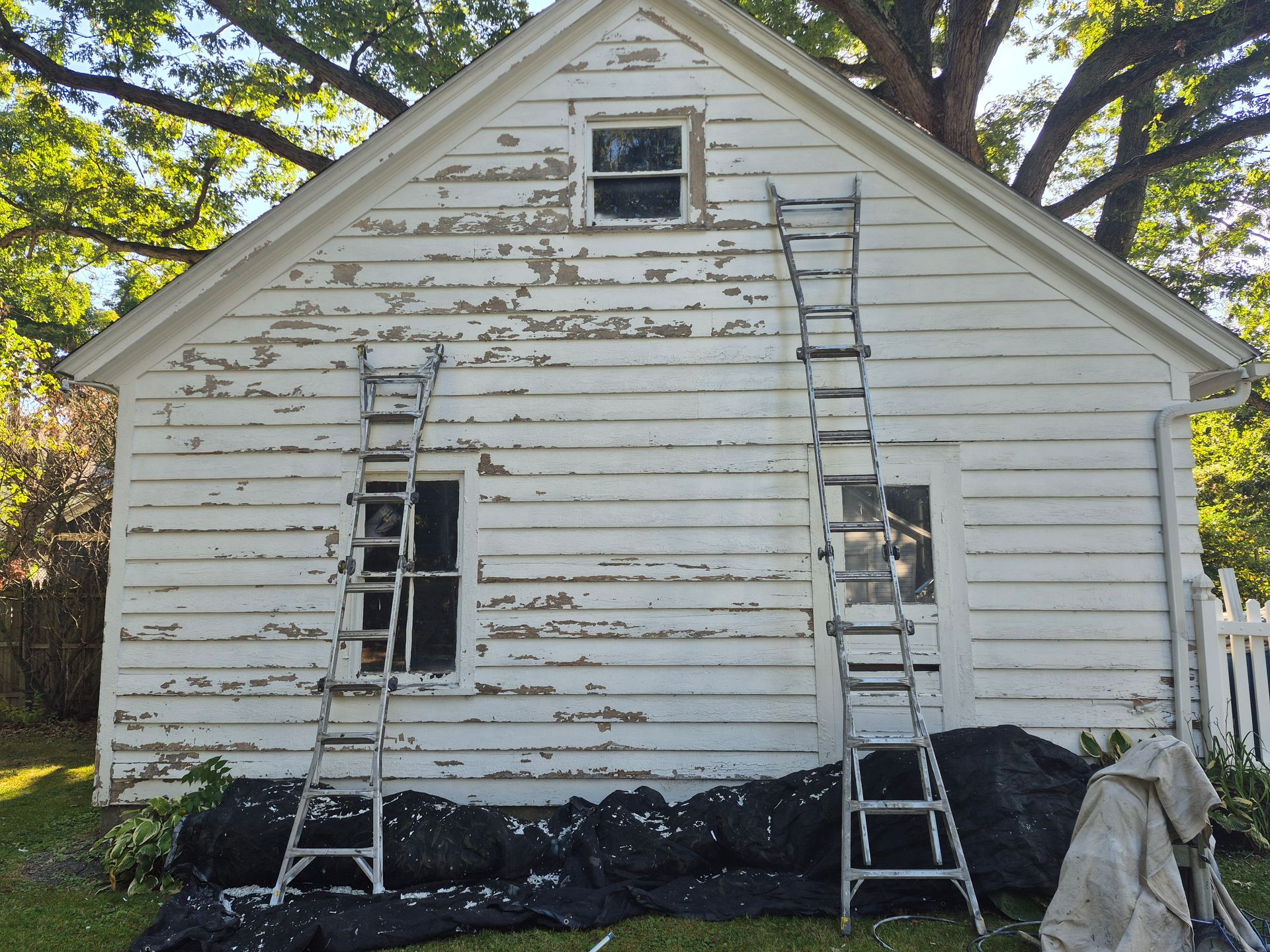 White house with peeling paint, two ladders, black tarp, and a tree in the background.