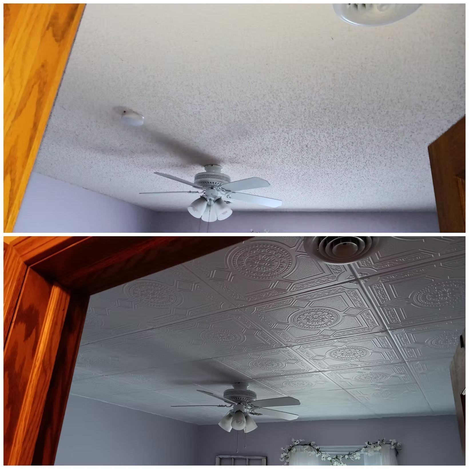 Top: Textured ceiling with a ceiling fan. Bottom: Decorative, patterned ceiling.