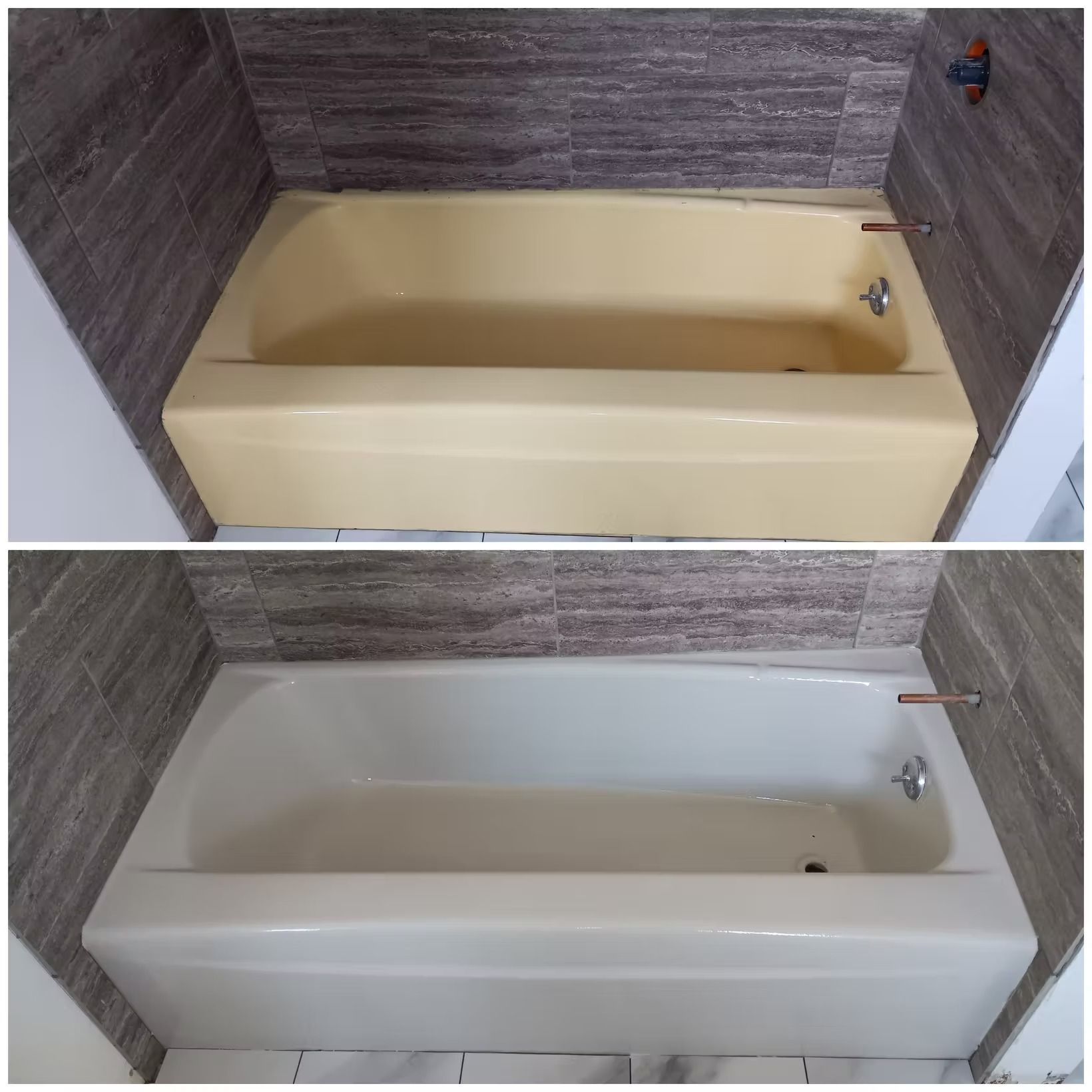 Comparison of a yellow bathtub before and a white bathtub after refinishing.
