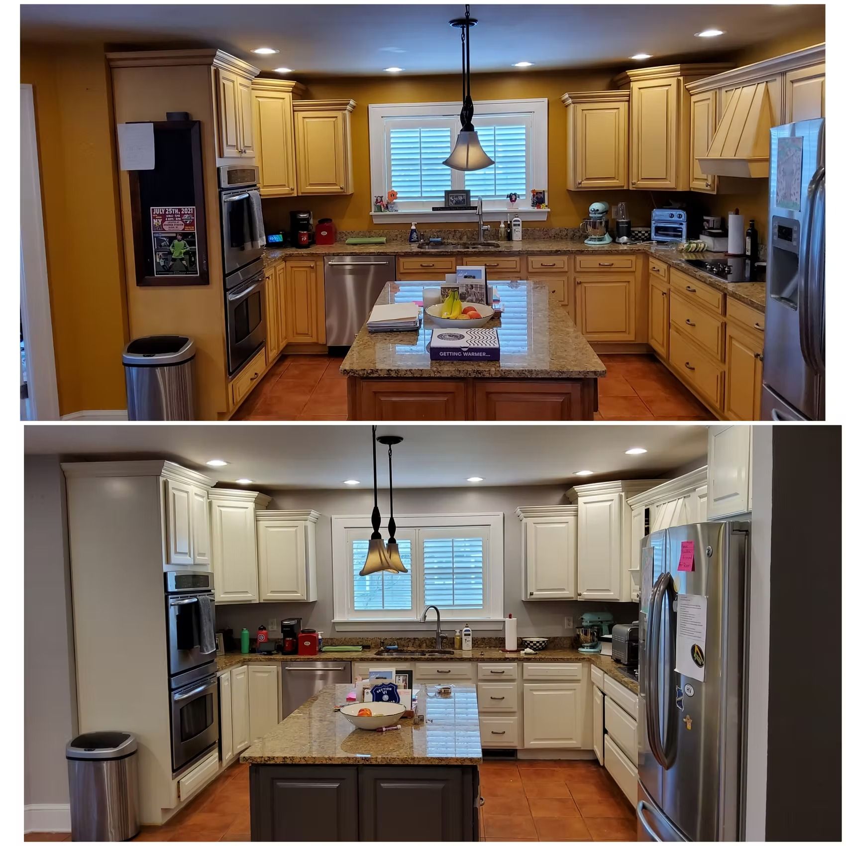 Kitchen before and after renovation: yellow cabinets to white. Stainless steel appliances. Granite countertops.