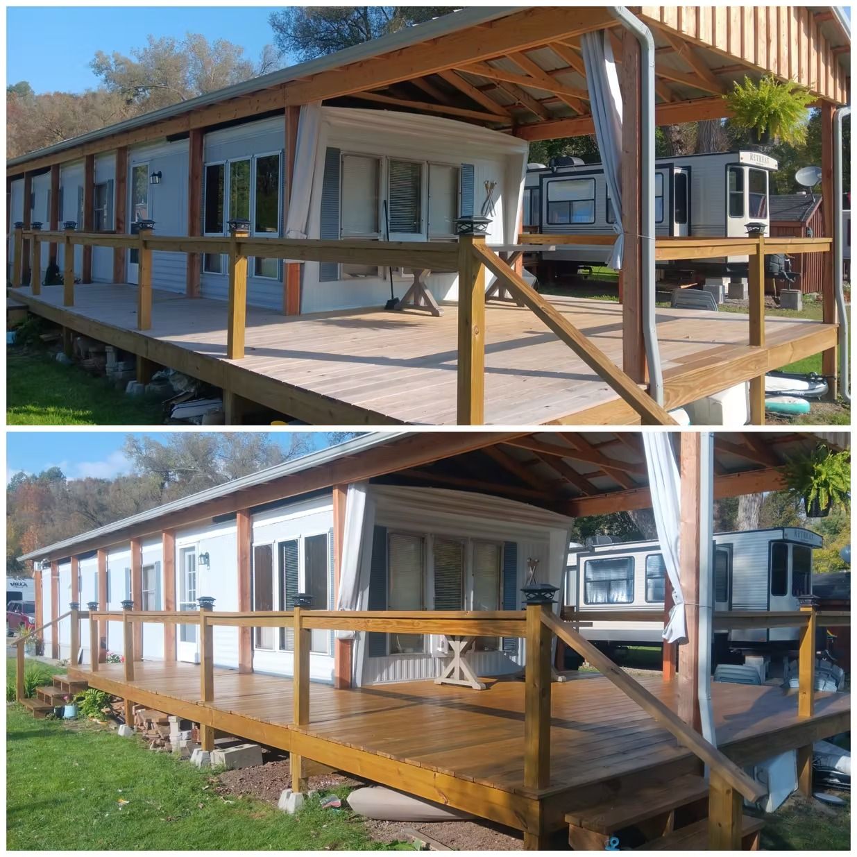 Two views of a wooden deck and covered porch on a white mobile home. The deck is freshly stained in the bottom view.