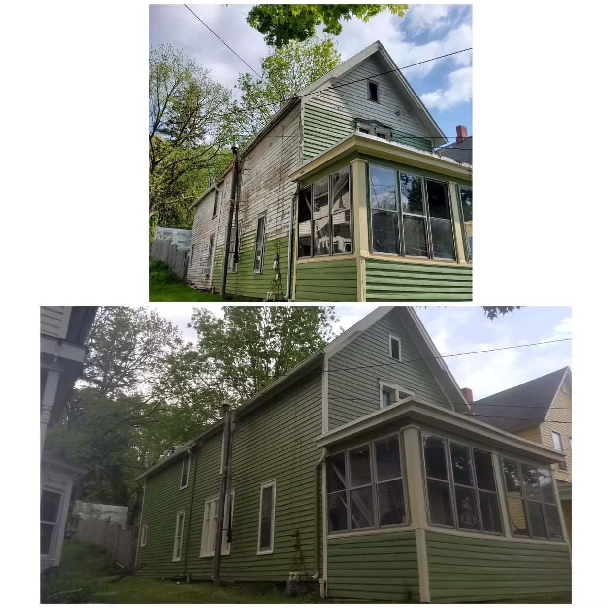 Two-panel comparison of a house; top panel shows weathered siding, bottom panel shows freshly painted green siding.