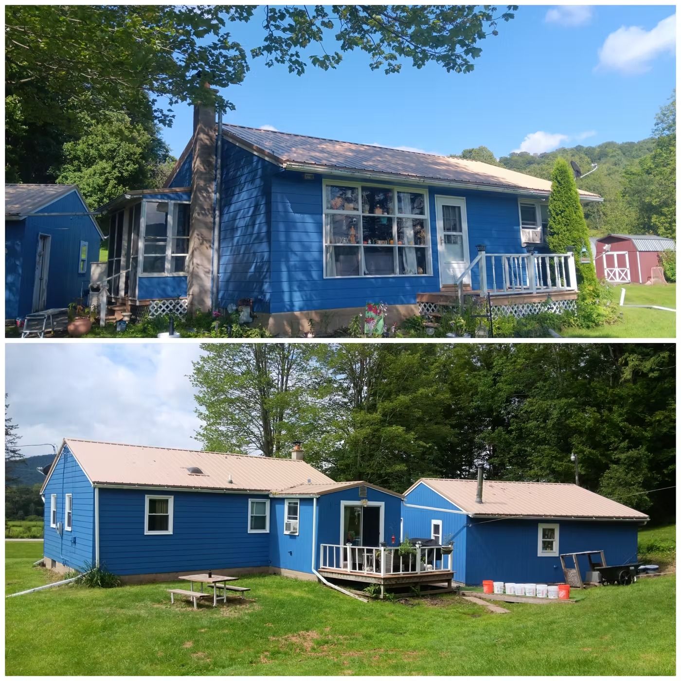 Two views of a blue house with metal roof; trees and grass surround it.