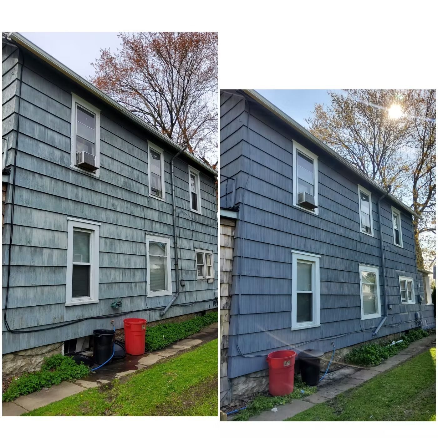 Side-by-side comparison of a building before and after power washing. The siding is blue, and the windows are white.