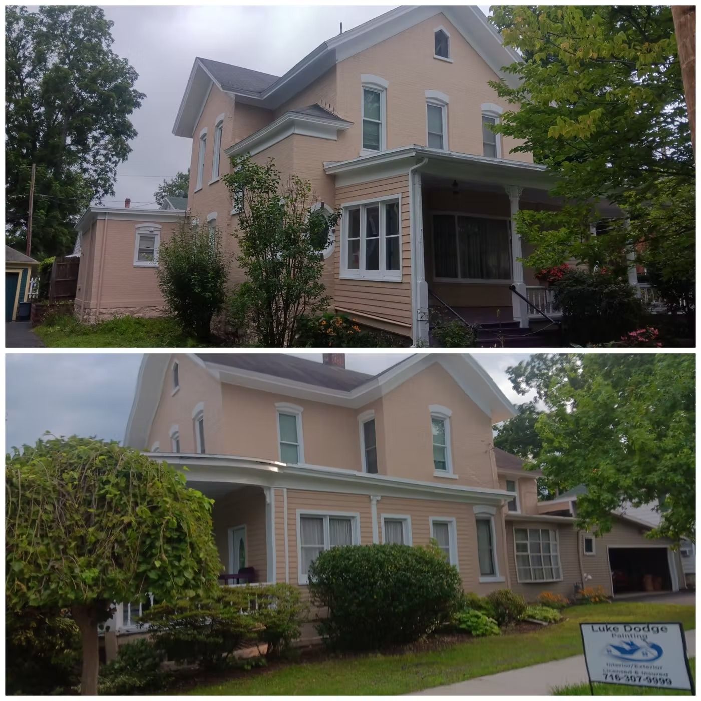 Two-story house with tan exterior and white trim; porch and landscaping visible.
