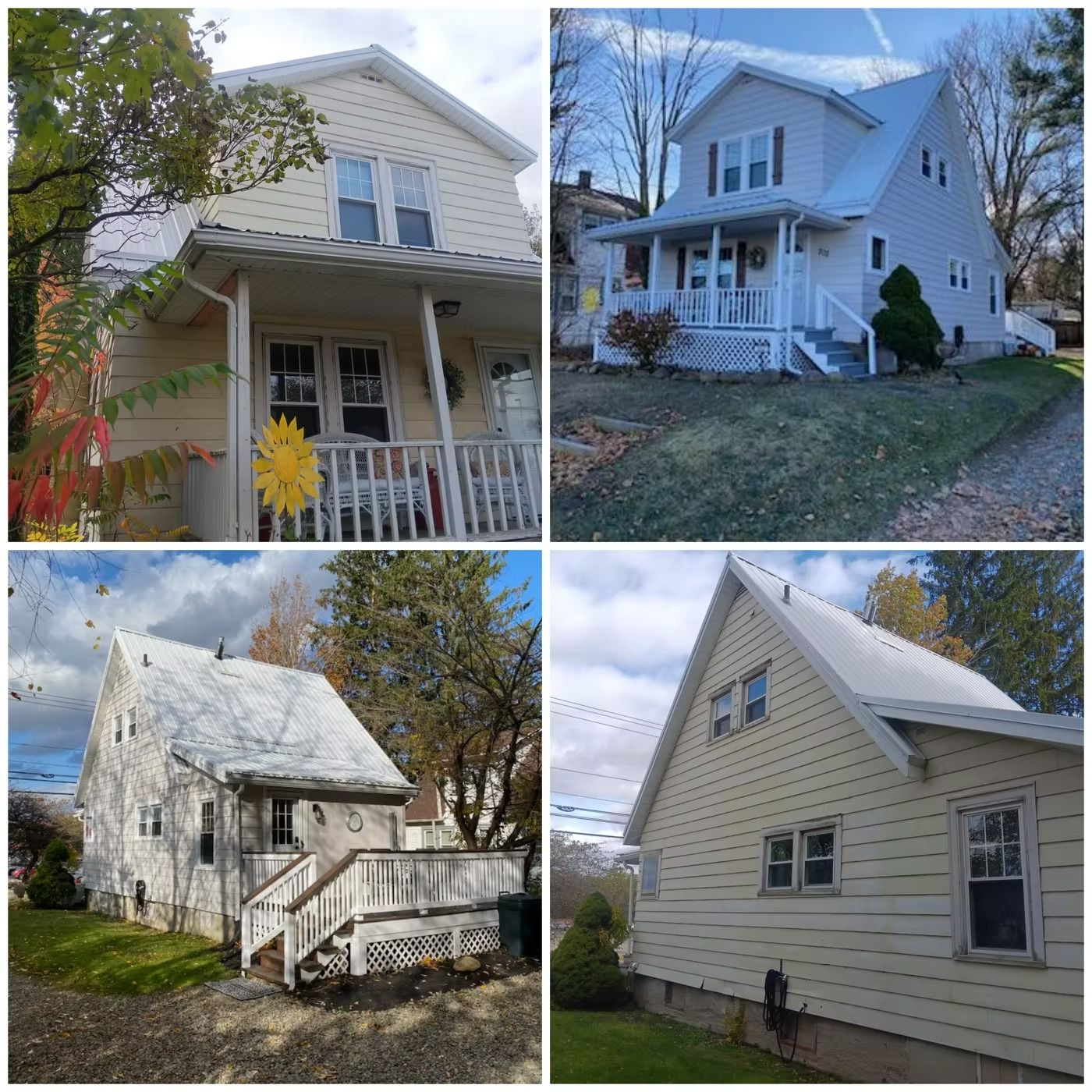 Four exterior views of houses, varying in size, style, and color.