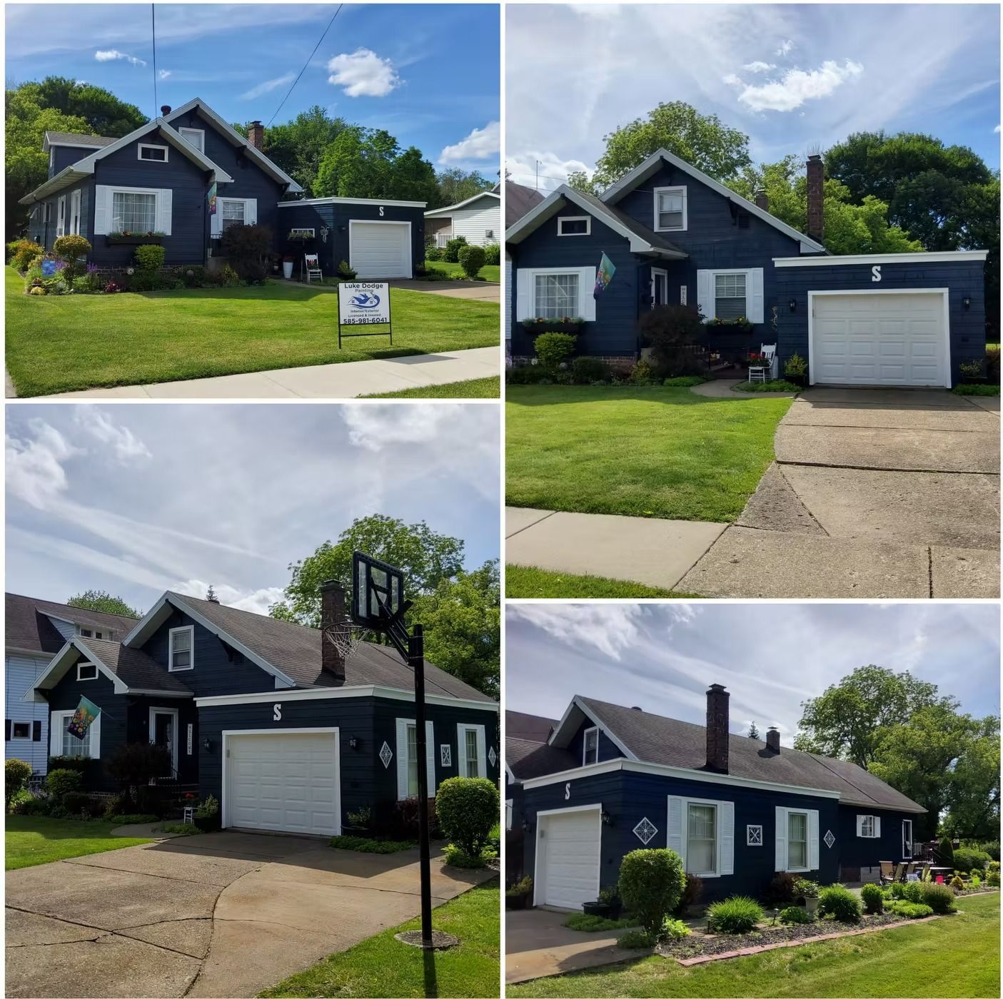 Four views of a dark blue house with white trim, garage, and a green lawn on a sunny day.
