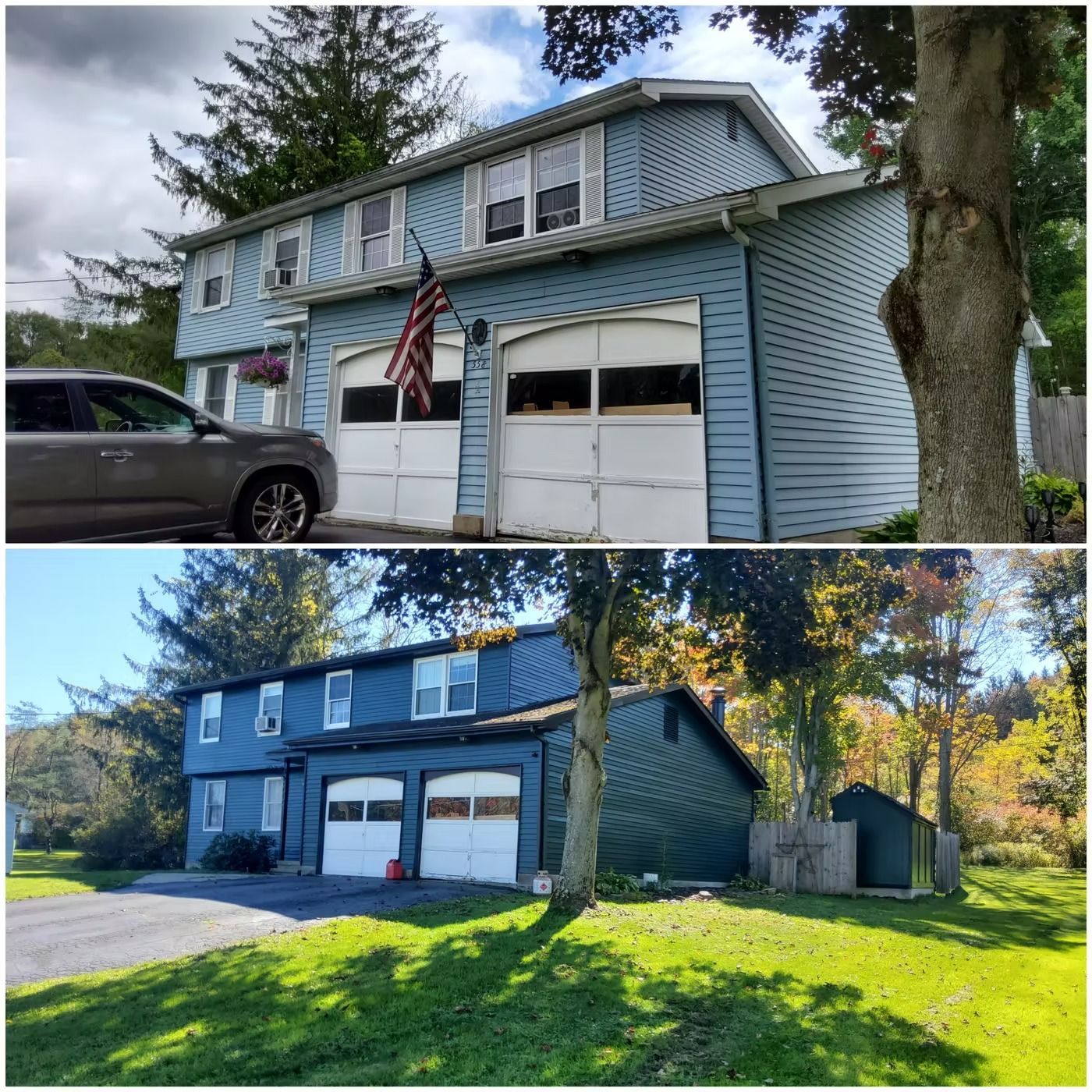 Two-story blue house with white garage doors and an American flag.