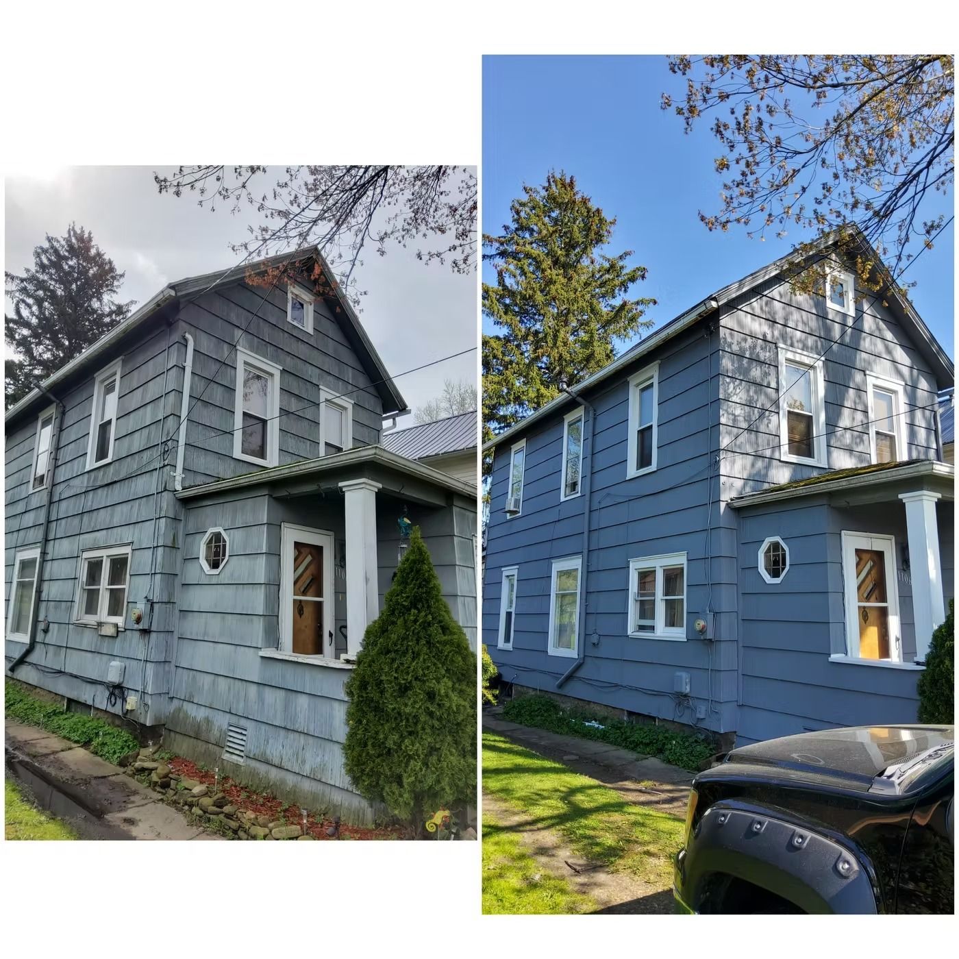 Two-story house before and after painting. Gray siding, white trim, blue paint, and green lawn.