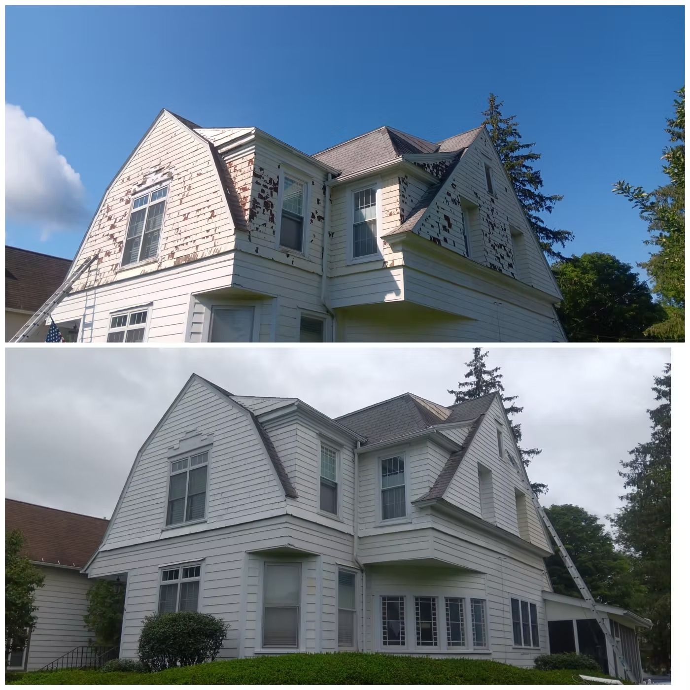 Top: Dilapidated white house. Bottom: Recently painted white house.