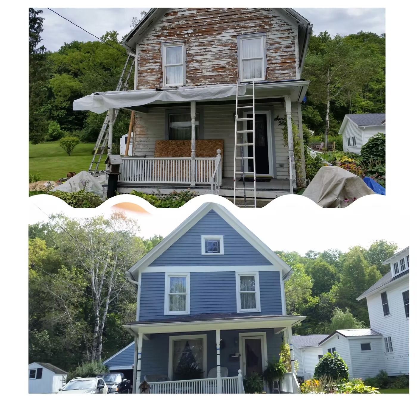 Before and after of a house renovation. The top house is weathered, the bottom house is blue with white trim.