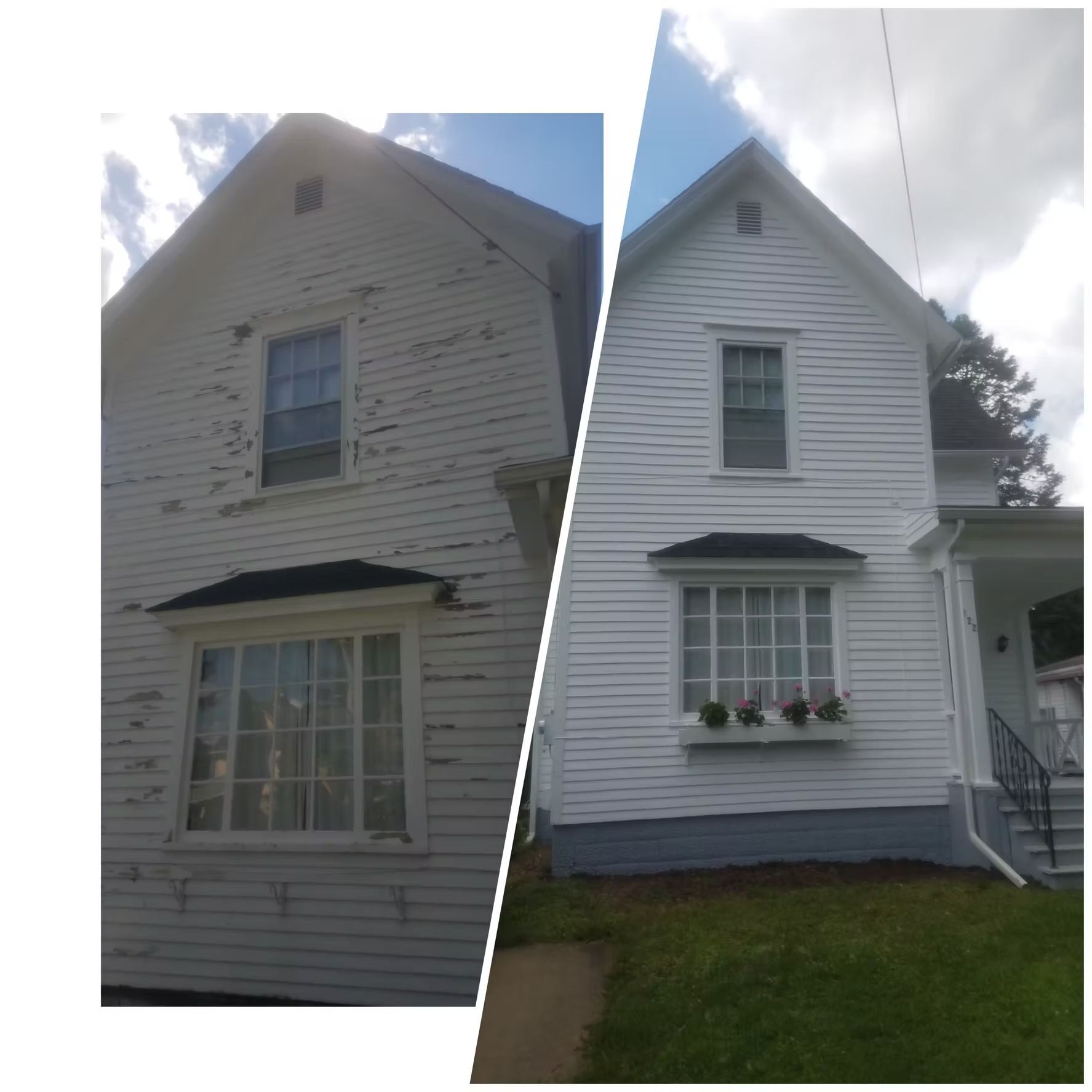 Comparison of a house before and after painting; white clapboard siding with dark trim, window boxes.
