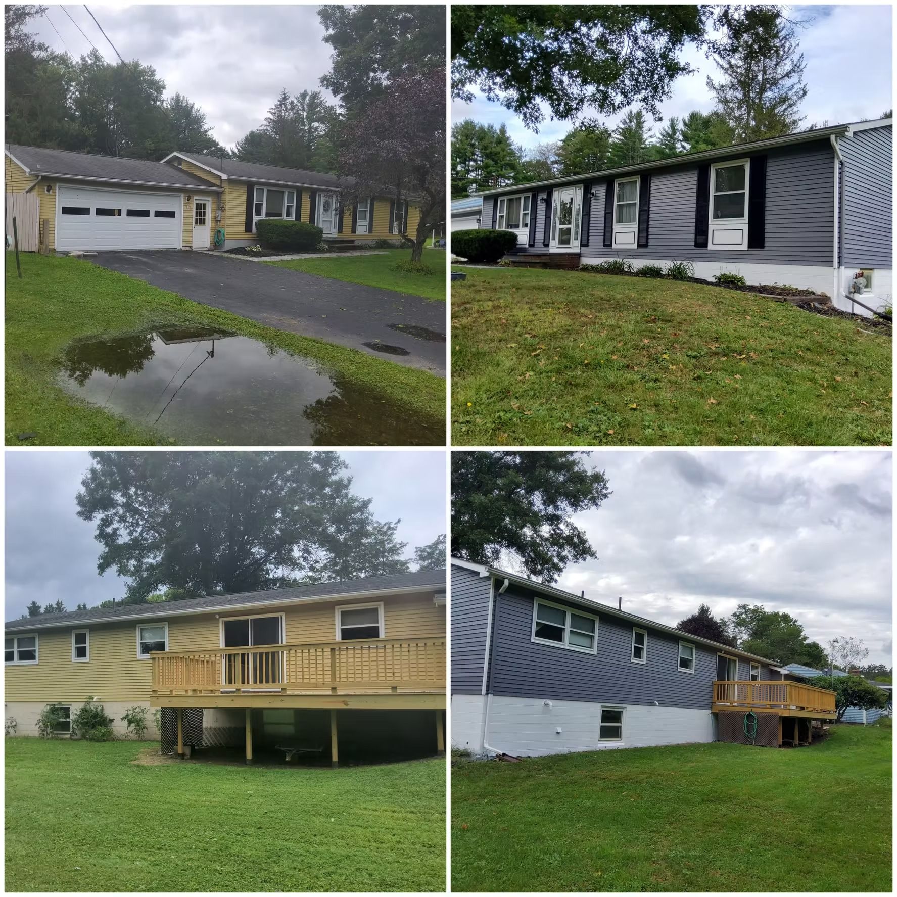 Four views of a house with renovations. Before and after photos show yellow siding changing to gray, with a new deck.