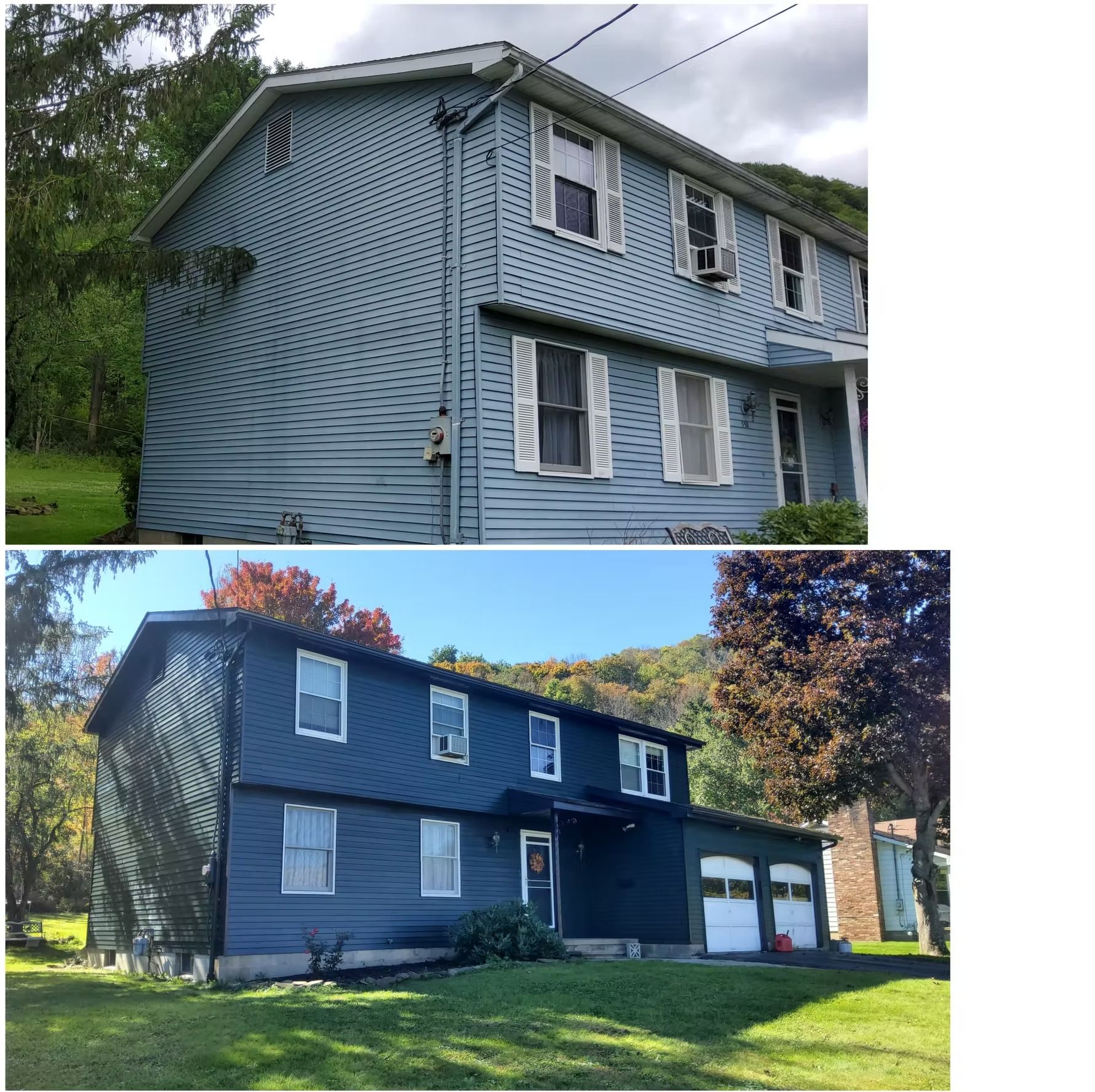 Two-story house with blue siding. Top photo shows lighter blue, bottom darker blue with garage.