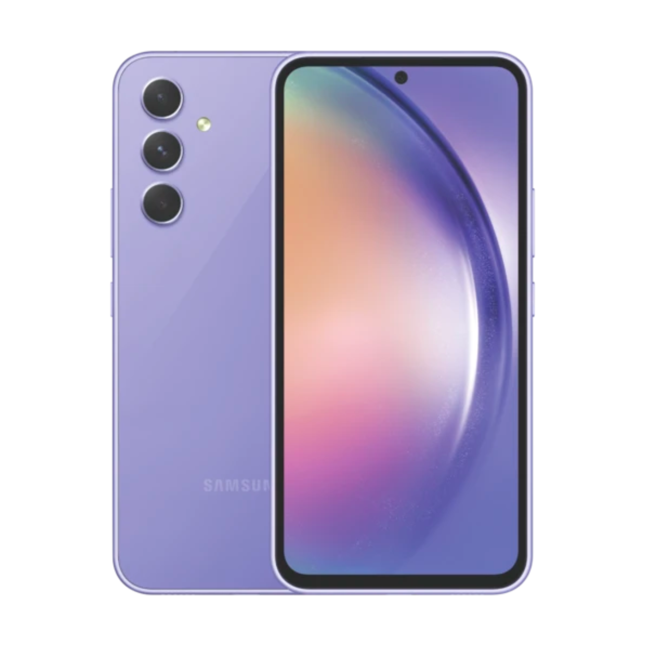 The front and back of a purple samsung phone.