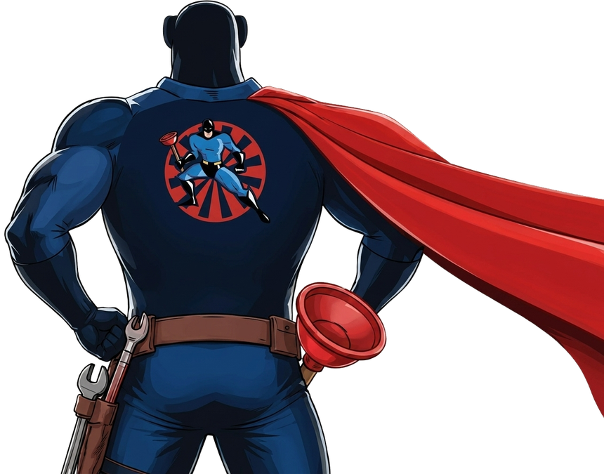 Blue superhero with red cape and utility belt, seen from behind, standing confidently.